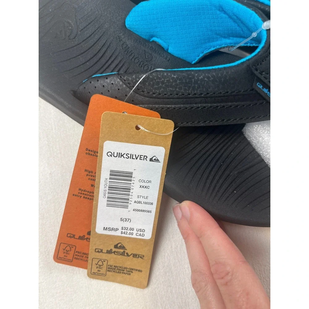Quiksilver Oasis Youth Sandals Black Blue Hydrobound Flip Flops Size 5 Kids
